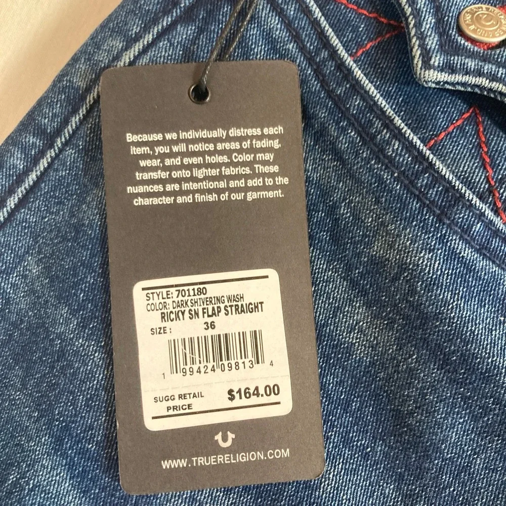 NEW True Religion Jeans Men 36x32 Ricky Relaxed Straight Dark Shivering Wash NWT